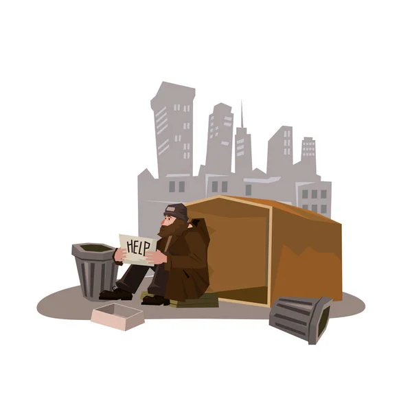 Bezdomovec vousatý v omšelé oblečení, pozadí město, karton obydlí, drží v rukou znamení o pomoc, vektor, kreslený styl, banner, ilustrace — Stockový vektor