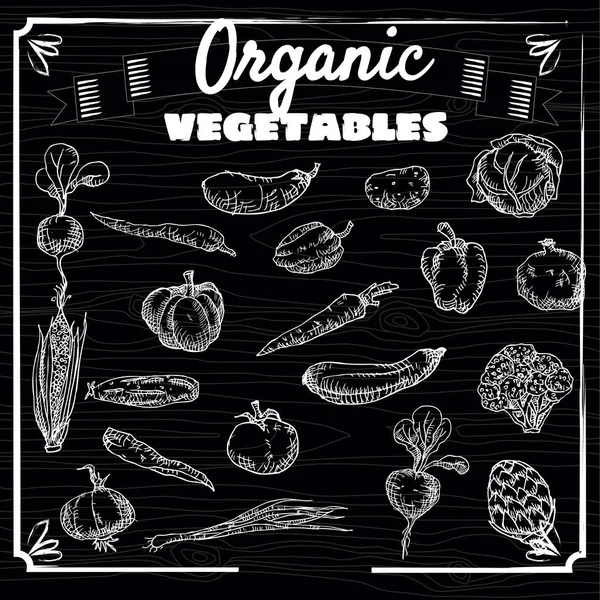 Frutas e verduras orgânicas, comida, desenho à mão, giz em uma tábua preta, vetor, bandeira, vintage, ilustração — Vetor de Stock
