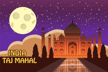 Tac Mahal'i Agra, Hindistan, tarihsel görünüm, gece ay, vista cazibe, din, karikatür tarzı, vektör, illüstrasyon Türbesi