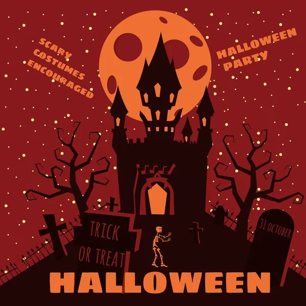 Fête d'Halloween, nuit de château abandonné, lune, cimetière, style dessin animé, carte postale, vecteur, illustration, bannière — Image vectorielle