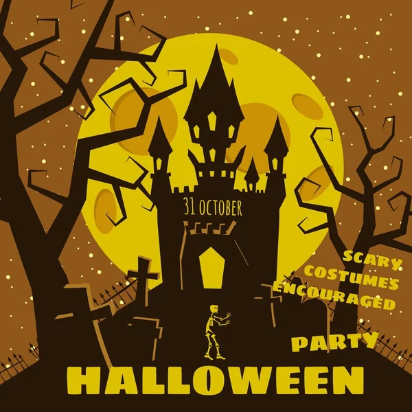 Fiesta de Halloween, noche de castillo abandonado, luna, cementerio, estilo de dibujos animados, postal, vector, ilustración, pancarta — Vector de stock
