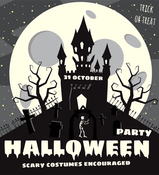 Festa di Halloween, notte castello abbandonato, luna, cimitero, stile cartone animato, cartolina, vettore, illustrazione, banner — Vettoriale Stock