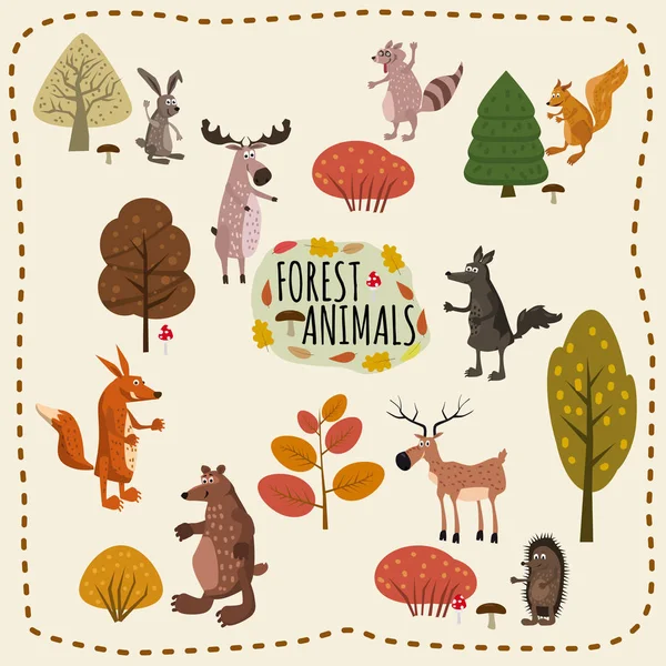 Animales del bosque conjunto lindo, con elementos de bosque, árboles, setas, alces, ciervos, lobo, ardilla, mapache, liebre, zorro, erizo, oso, estilo de dibujos animados, bandera, cartel, vector, ilustración — Vector de stock