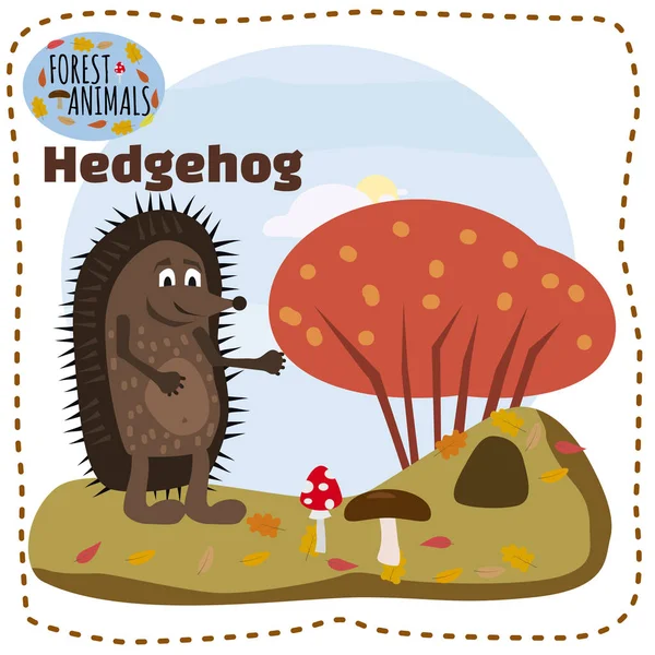 Niedlicher Igel, auf dem Hintergrund einer Landschaft mit Elementen aus Wald, Bäumen, Waldtieren, Cartoon-Stil, Banner, Vektor, Illustration — Stockvektor