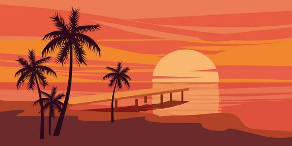 Pôr do sol bonito tropical, paisagem, palmas das mãos, mar, vetor, estilo dos desenhos animados, ilustração isolada —  Vetores de Stock