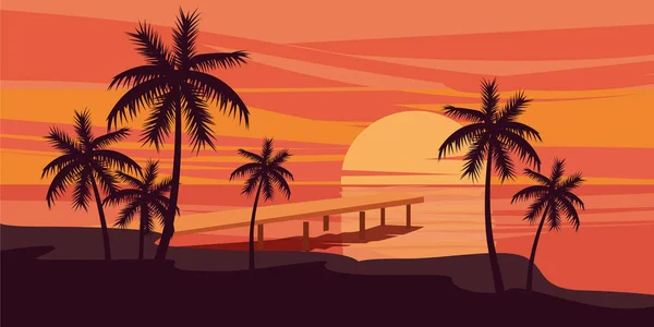 Pôr do sol bonito tropical, paisagem, palmas das mãos, mar, vetor, estilo dos desenhos animados, ilustração isolada —  Vetores de Stock