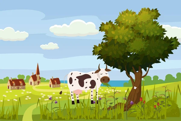 Güzel yaz kırsal manzara, çiftlik, çayır, çiçek, ağaç, deniz, vektör, karikatür tarzı, illüstrasyon izole