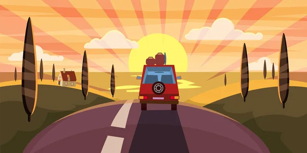 Voyage d'autoroute été, coucher de soleil, mer, route, voiture, paysage mignon, style dessin animé, vecteur, illustration, isolé — Image vectorielle