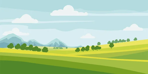 Paisagem rural bonito árvore, campo, montanhas, estilo dos desenhos animados, vetor, ilustração, isolado —  Vetores de Stock