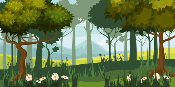 Hermoso paisaje forestal, árboles, silueta, estilo de dibujos animados, vector, ilustración, aislado — Archivo Imágenes Vectoriales