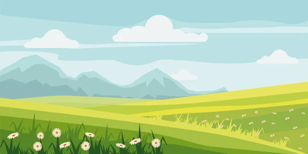 Ładny krajobraz wsi drzewa, pola, kwiaty daisy, stylu cartoon, wektor, ilustracja, — Wektor stockowy