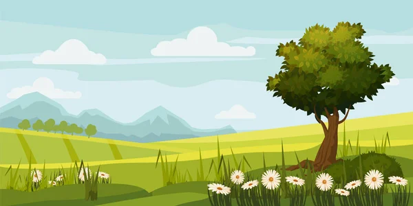 Lindo árbol de paisaje rural, campo, flores de margarita, estilo de dibujos animados, vector, ilustración, aislado — Archivo Imágenes Vectoriales