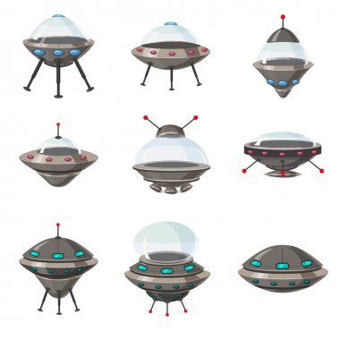 UFO set, uzaylı Uzay gemileri, karikatür tarzı, izole, vektör, illüstrasyon