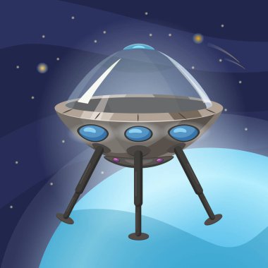 UFO Uzay gemisi, karikatür tarzı, arka plan boşluk planet, izole, vektör, illüstrasyon