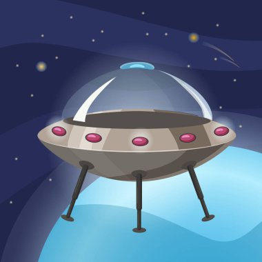 UFO Uzay gemisi, karikatür tarzı, arka plan boşluk planet, izole, vektör, illüstrasyon