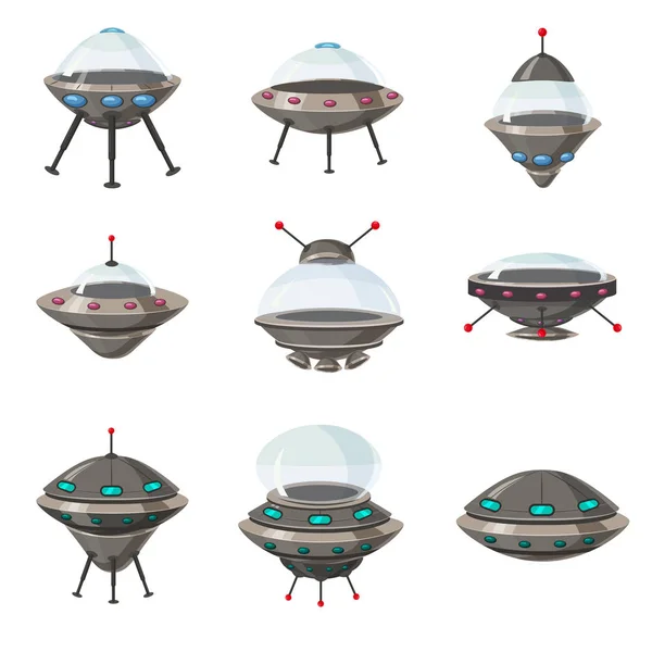 Conjunto OVNI, naves espaciales alienígenas, estilo de dibujos animados, aislado, vector, ilustración — Vector de stock