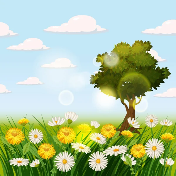 Spring beautiful scenery, fields, romomile flowers, dandelions, clouds, cartoon style, vector, illustration, isolated — стоковый вектор