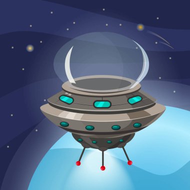 UFO Uzay gemisi, karikatür tarzı, arka plan boşluk planet, izole, vektör, illüstrasyon