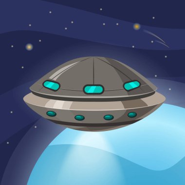 UFO Uzay gemisi, karikatür tarzı, arka plan boşluk planet, izole, vektör, illüstrasyon