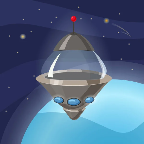 UFO statek kosmiczny, stylu cartoon, tło space planeta, na białym tle, wektor, ilustracja — Wektor stockowy