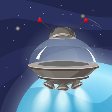 UFO Uzay gemisi, karikatür tarzı, arka plan boşluk planet, izole, vektör, illüstrasyon