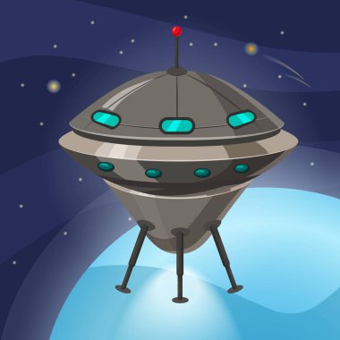 UFO Uzay gemisi, karikatür tarzı, arka plan boşluk planet, izole, vektör, illüstrasyon