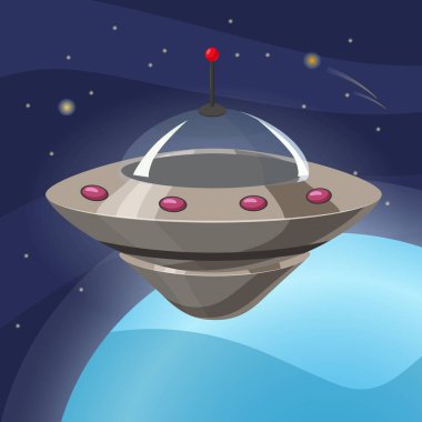 UFO Uzay gemisi, karikatür tarzı, arka plan boşluk planet, izole, vektör, illüstrasyon