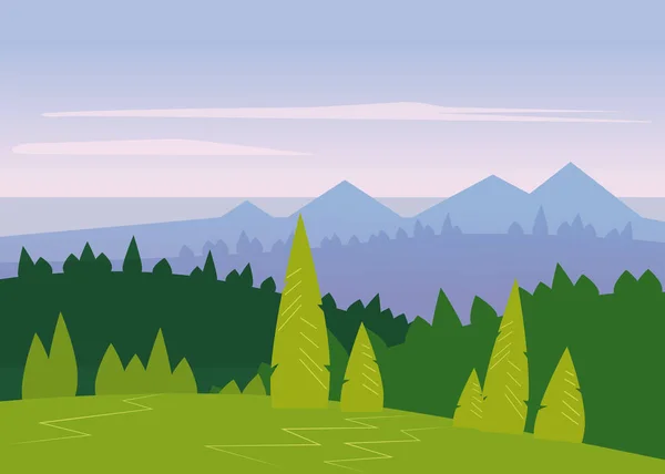 Paesaggio minimalista, montagne, mare, alberi, piano, isolato, vettore, illustrazione — Vettoriale Stock