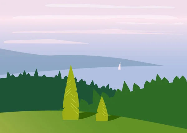 Landschaft minimalistisch, Berge, Meer, Bäume, flach, isoliert, Vektor, Illustration — Stockvektor
