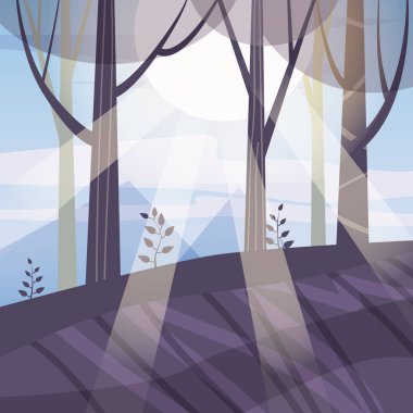 Manzara minimalist, Bahar, deniz, ağaçlar, güneş, düz, izole, vektör, illüstrasyon