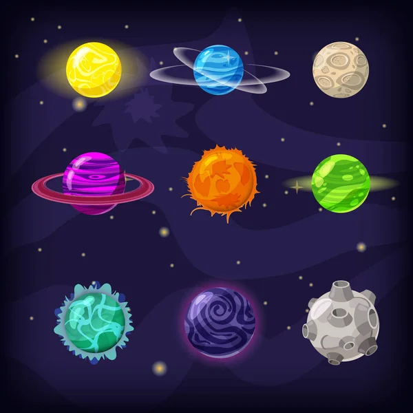 Set of fantastic planets on cosmic background, cartoon style, isolated, vector, illustration — Stock Vector