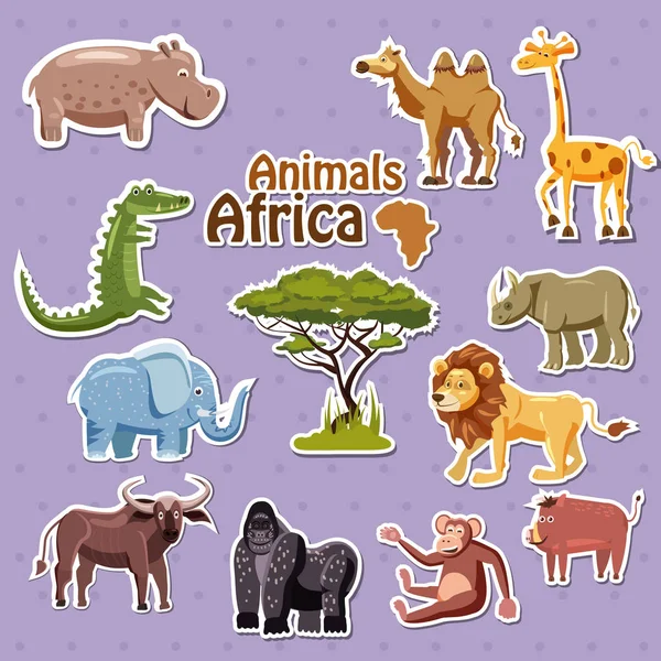 Σετ με αυτοκόλλητα χαριτωμένο αφρικανική ζώων, κινουμένων σχεδίων, απομονωμένες, διάνυσμα, εικονογράφηση — Διανυσματικό Αρχείο