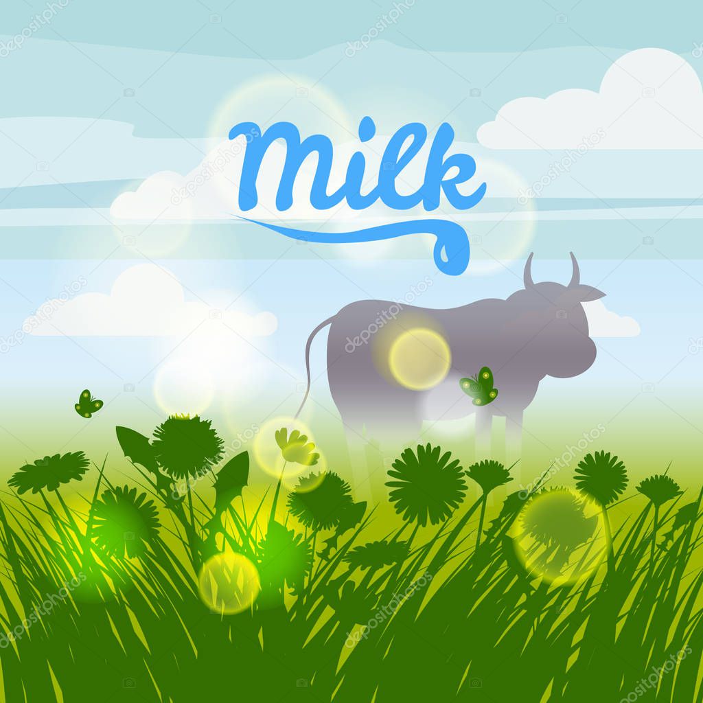Cow, green field, flowers, sky. Camomile, grass, dandelion. Background. Vector, isolate, illustrarion, baner, flyer