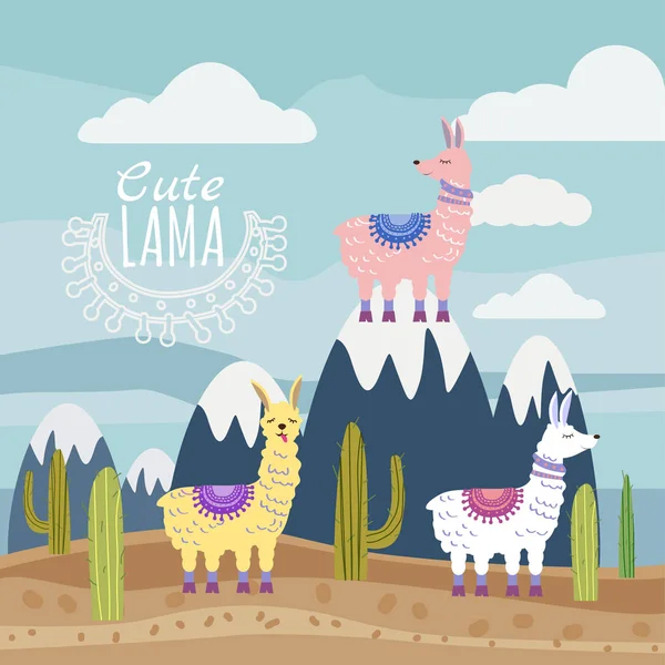 Verzameling van Cute vector lama cactus en mountaine landschap. Vectorillustratie — Stockvector