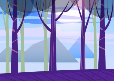 Minimalist manzara, ağaçlar, deniz, izole, vektör, illüstrasyon