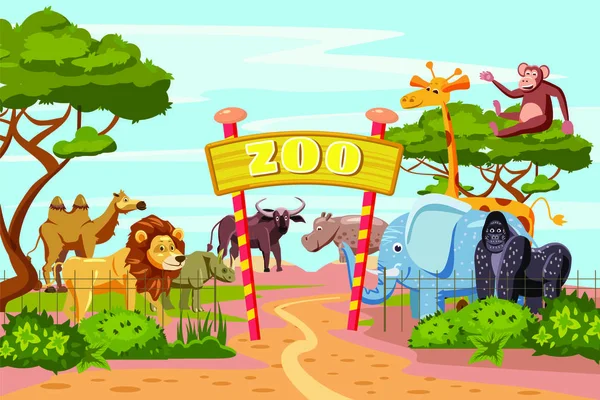 Zoo puertas de entrada caricatura cartel con elefante jirafa león safari animales y visitantes en territorio vector ilustración — Archivo Imágenes Vectoriales