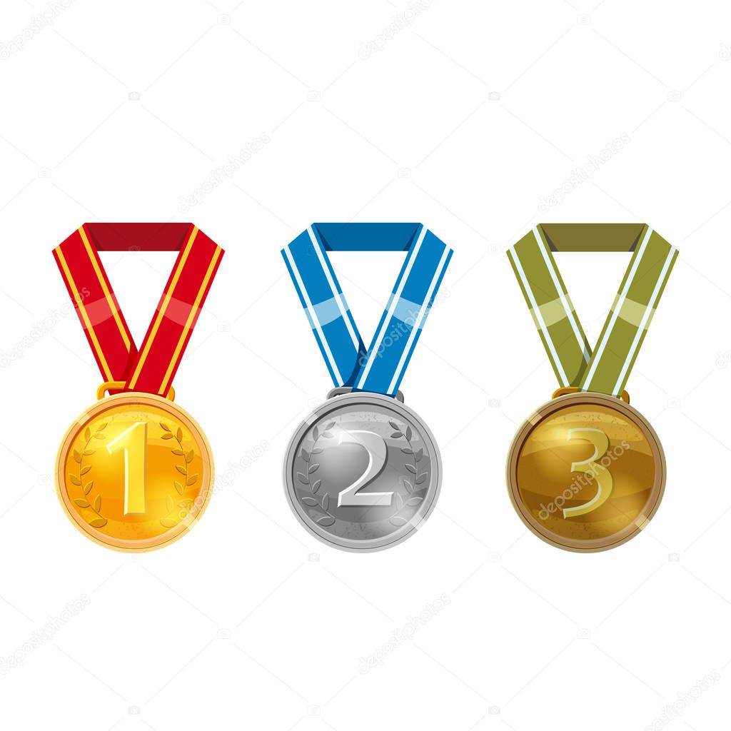 Set champion gold, silver and bronze award medals with red ribbons, vector isolated