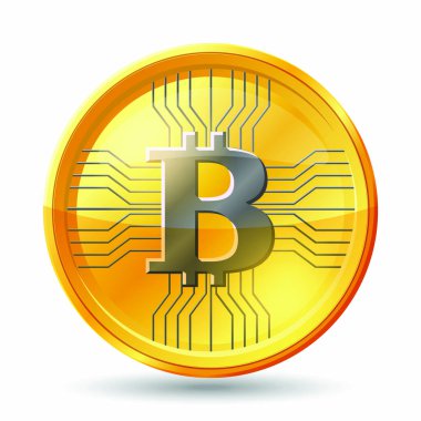 Altın bitcoin para. Kripto para altın sikke bitcoin birimi üzerinde şeffaf arka plan izole. Gerçekçi vektör çizim.