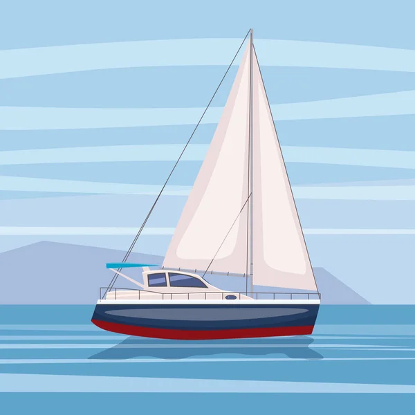 Barca a vela galleggiante sulla superficie dell'acqua. Illustrazione a colori vettoriale. Isolato. Stile cartone animato — Vettoriale Stock