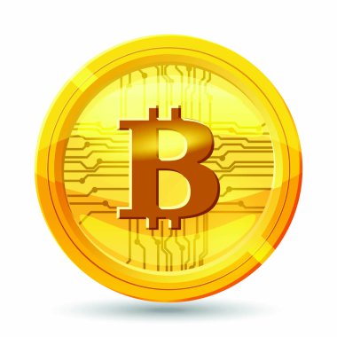 Altın bitcoin para. Kripto para altın sikke bitcoin birimi üzerinde şeffaf arka plan izole. Gerçekçi vektör çizim.