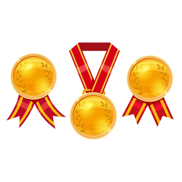 Set campione d'oro, medaglie premio con nastri rossi, vettore isolato — Vettoriale Stock