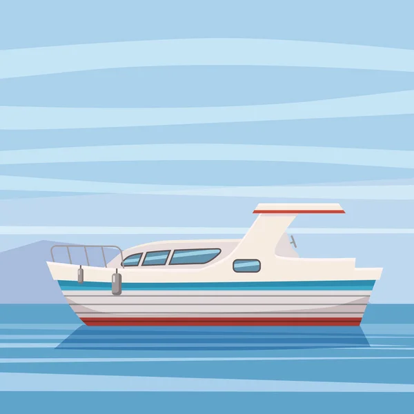 Barco de velocidad, yate sobre fondo marino, estilo de dibujos animados, ilustración vectorial, aislado — Vector de stock