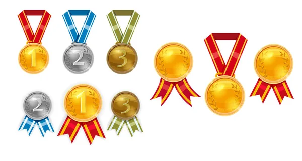 セット チャンピオンのゴールド、シルバー、ブロンズ賞赤いリボンとメダル ベクトル分離 — ストックベクタ