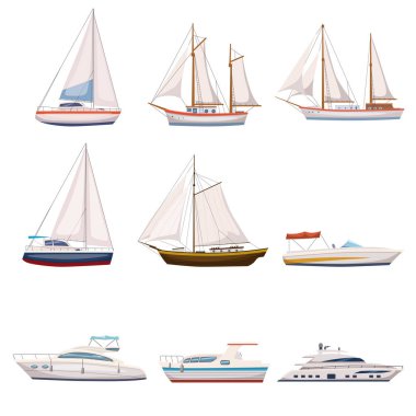 Su taşıma ve deniz taşımacılığı modern karikatür tasarım tarzında süper kümesi. Gemi, bot, gemi, savaş gemisi, yük gemisi, cruise gemi, yat, wherry, hoverkraft. İzole