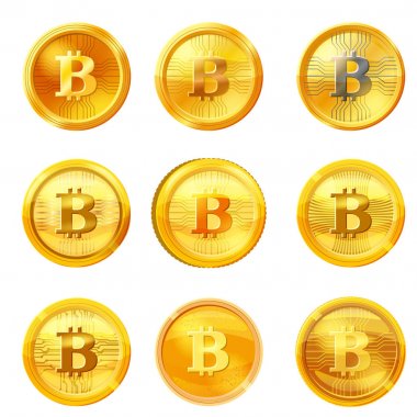 Altın bitcoin izole sikke arka plan ayarlayın. Cryptocurrency işareti illüstrasyon vektör