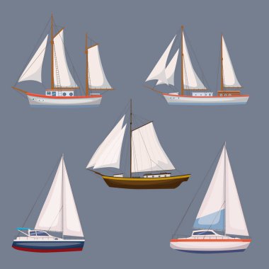 Su taşıma ve deniz taşımacılığı modern karikatür tasarım tarzında süper kümesi. Gemi, bot, gemi, yük gemisi, cruise gemi, yat. İzole