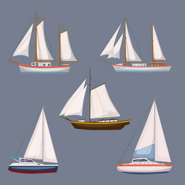 Super conjunto de transporte de agua y transporte marítimo en estilo moderno de diseño de dibujos animados. Nave, barco, barco, buque de carga, crucero, yate. Aislado — Archivo Imágenes Vectoriales