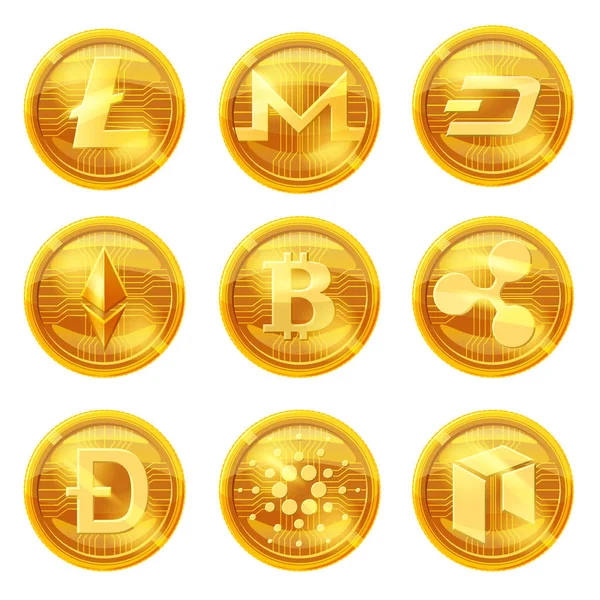 CRIPTO waluty logo monety Monero, Dash, Litecoin, Neo, marszczyć, Ethereum, Bitcoin, Dogecoin, Cardano. Wektor zestaw dla aplikacji i witryn internetowych, na białym tle, ilustracja — Wektor stockowy