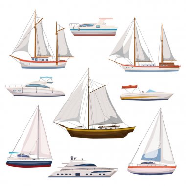 Su taşıma ve deniz taşımacılığı modern karikatür tasarım tarzında süper kümesi. Gemi, bot, gemi, savaş gemisi, yük gemisi, cruise gemi, yat, wherry, hoverkraft. İzole