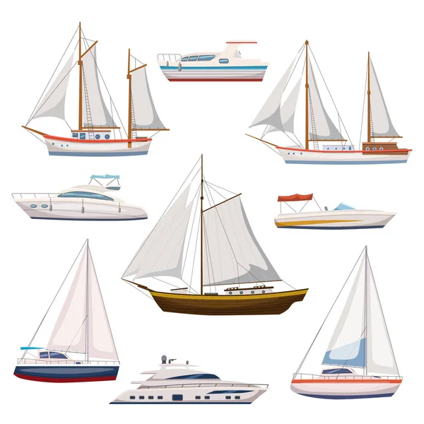 Super conjunto de carruagem de água e transporte marítimo em estilo de desenho animado moderno. Navio, barco, navio, navio de guerra, navio de carga, navio de cruzeiro, iate, wherry, hovercraft. Isolados —  Vetores de Stock